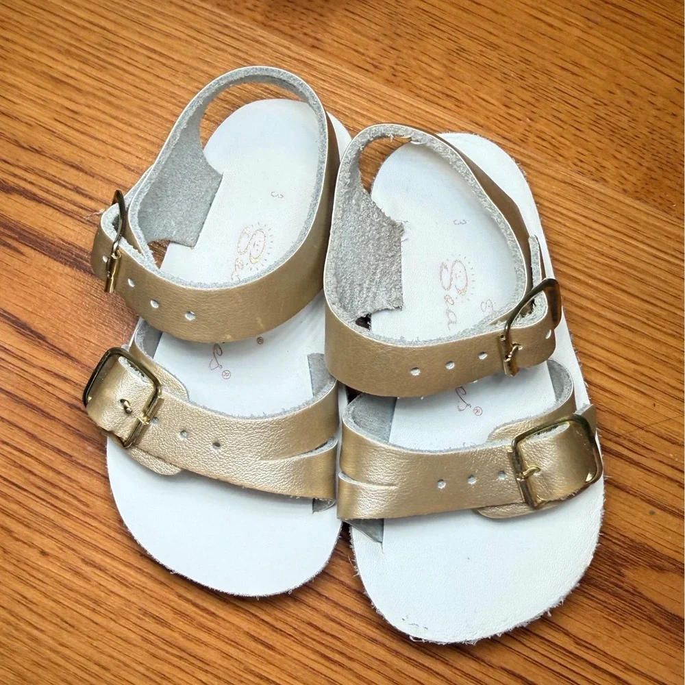 Salt Water Sandals Sun-San Sea Wee Gold Metallic Leather Toddler Baby Size 3 - Picture 2 of 9
